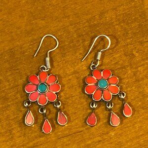 925 Sterling Silver Red Coral & Turquoise Floral Dangle Earrings.
